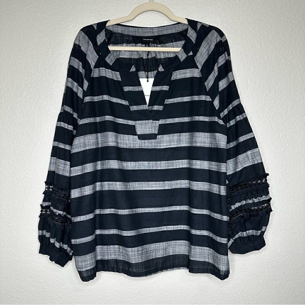NWT Who What Wear Boho Black Gray Striped Long Sleeves Top